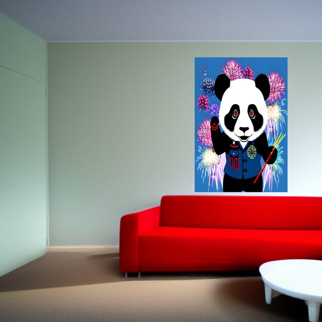 Affiche Panda en uniforme et feux d'artifice | AI Art Post (Créateur téléchargé)