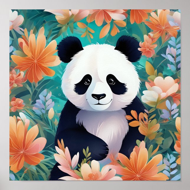 Affiche Panda entourée de fleurs (Devant)