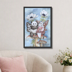 Affiche Panda et Fée Chat Amis avec des Fleurs d'Anémone