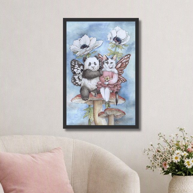 Affiche Panda et Fée Chat Amis avec des Fleurs d'Anémone (Créateur téléchargé)