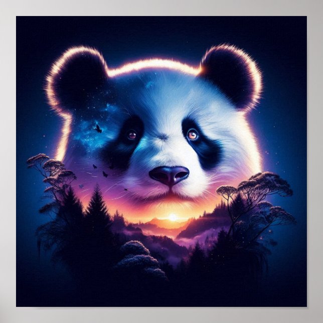 Affiche Panda Face avec Forêt Surréelle et coucher de sole (Devant)