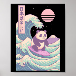 Affiche Panda faisant du surf sur une vague japonaise Japo