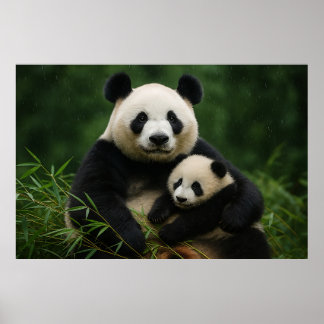 Affiche Panda Mother & Cub in Gentle Rain
