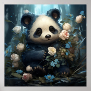 Affiche Panda Ours et Fleurs