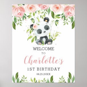 Affiche Panda rose pâle vert fleuri Accueil