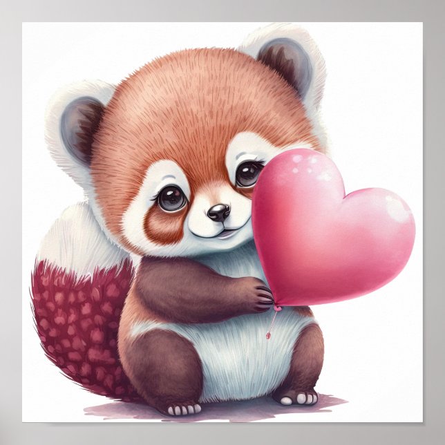Affiche Panda rouge avec coeur de ballon. (Devant)