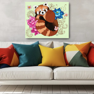 Affiche Panda Rouge Lotus Fleurs Henné