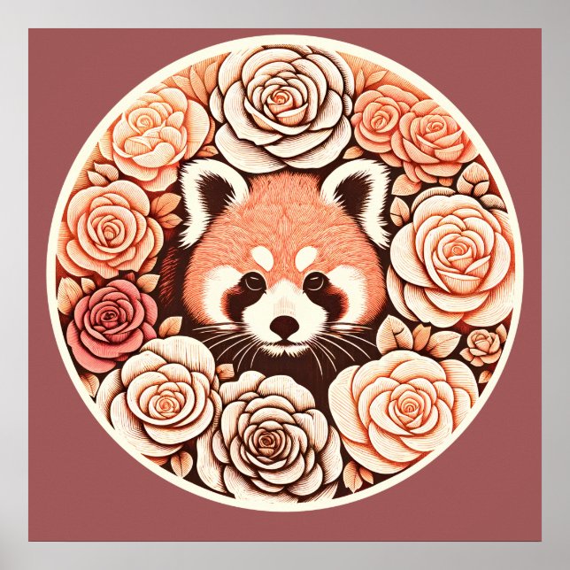 Affiche Panda Rouge mignonne Ours Art Floral Pandas Rouge (Devant)