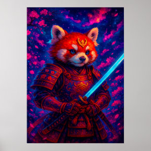 Affiche Panda Samurai rouge avec Imaginaire katana brillan