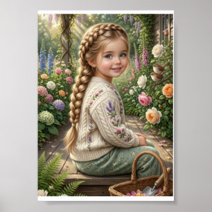 Affiche Panier de fleurs de petite fille Forêt Printemps N
