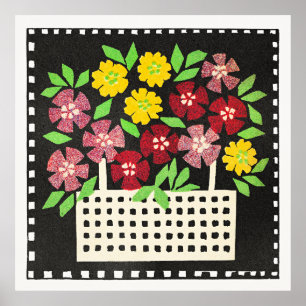Affiche Panier de fleurs, rouges et jaunes,