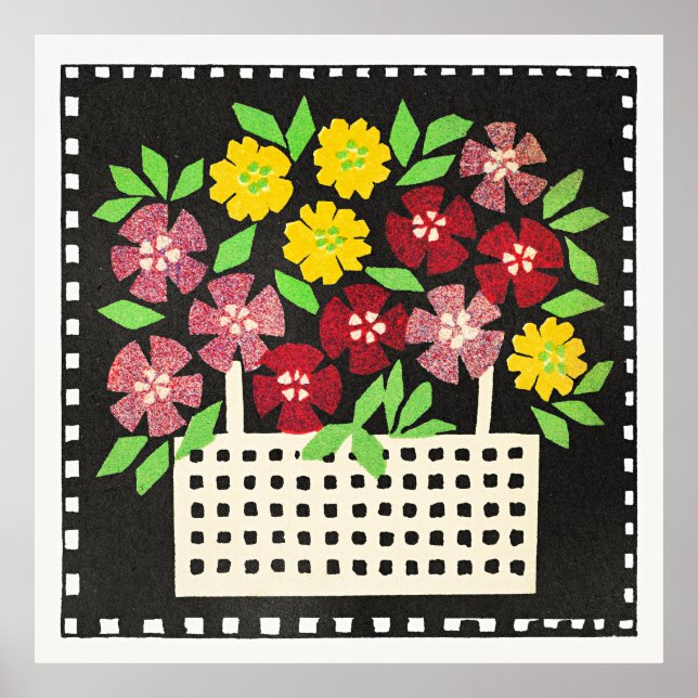 Affiche Panier de fleurs, rouges et jaunes, (Devant)