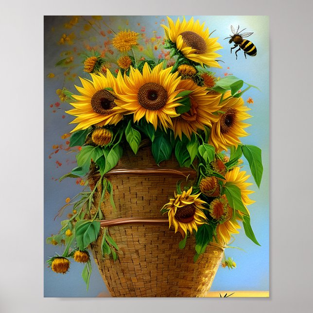 Affiche Panier de tournesols et abeilles (Devant)