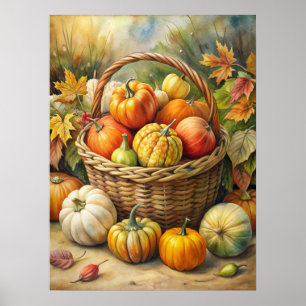 Affiche Panier en osier avec citrouilles automne