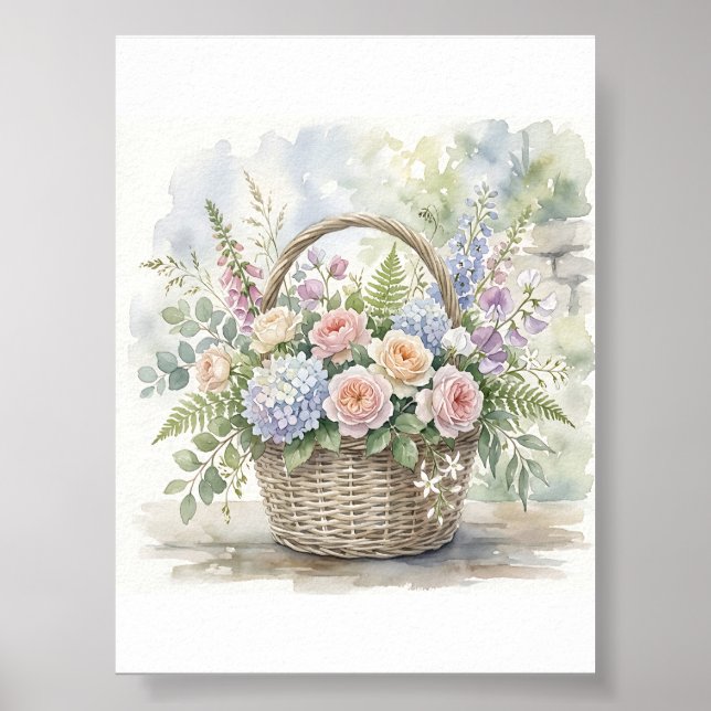 Affiche Panier floral à l'aquarelle avec roses et hortensi (Devant)