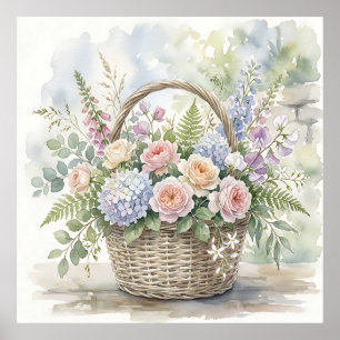 Affiche Panier floral aquarelle avec roses et hortensias