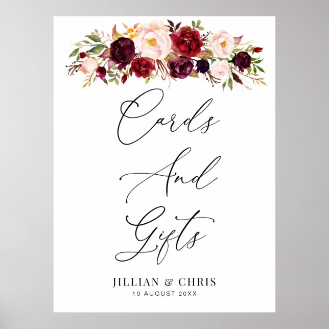 Affiche panneau à fleurs bordeaux et rousses Cartes et cad (Devant)