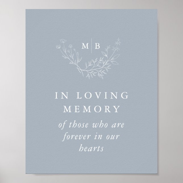 Affiche Panneau À la Mémoire Douce Bleu Mariage Monogramme (Devant)
