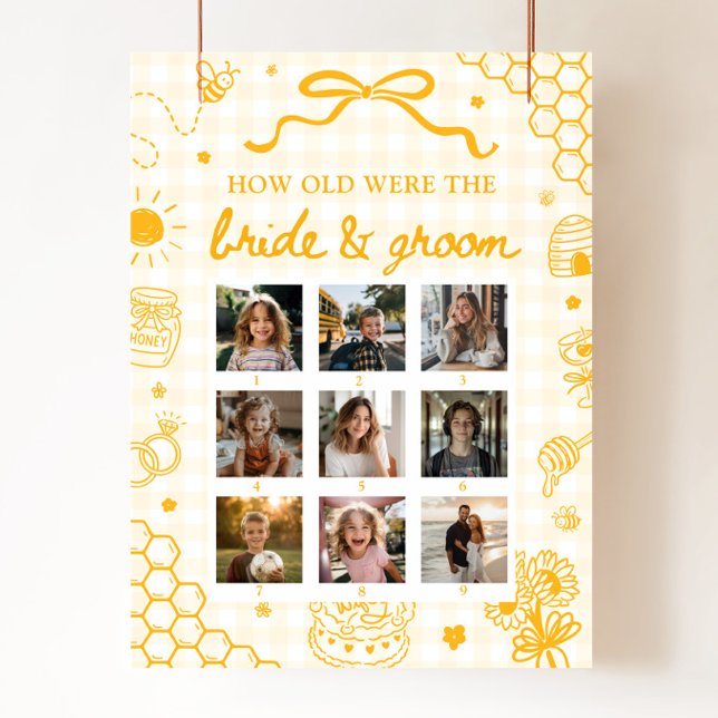 Affiche Panneau Abeille Jaune Combien d'Âge Étaient les Ma (Yellow Honey Bee How Old Were Bride & Groom Sign)