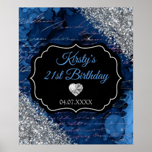 Affiche Panneau Anniversaire Glitter Sirène Bleue Argent