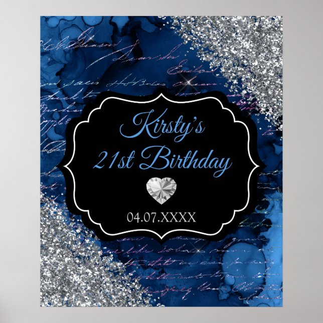 Affiche Panneau Anniversaire Glitter Sirène Bleue Argent (Devant)