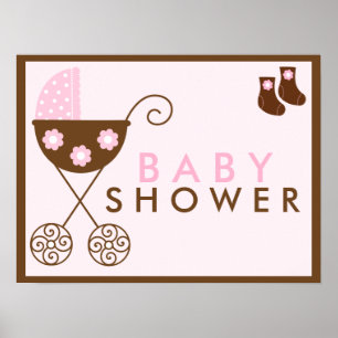 Affiche Panneau Baby shower à poussette rose