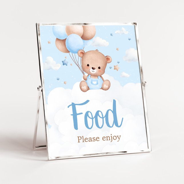 Affiche Panneau Baby shower alimentaire Blue Teddy Bear (Blue Boy Teddy Bear Clouds Balloon Baby Shower Sign)