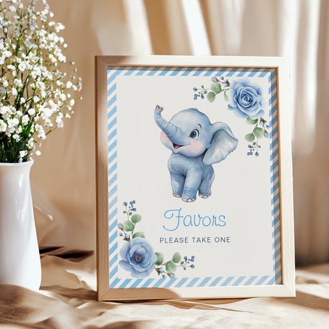 Affiche Panneau Baby shower bleu éléphant - Aquarelle (Favors Baby Shower Sign)