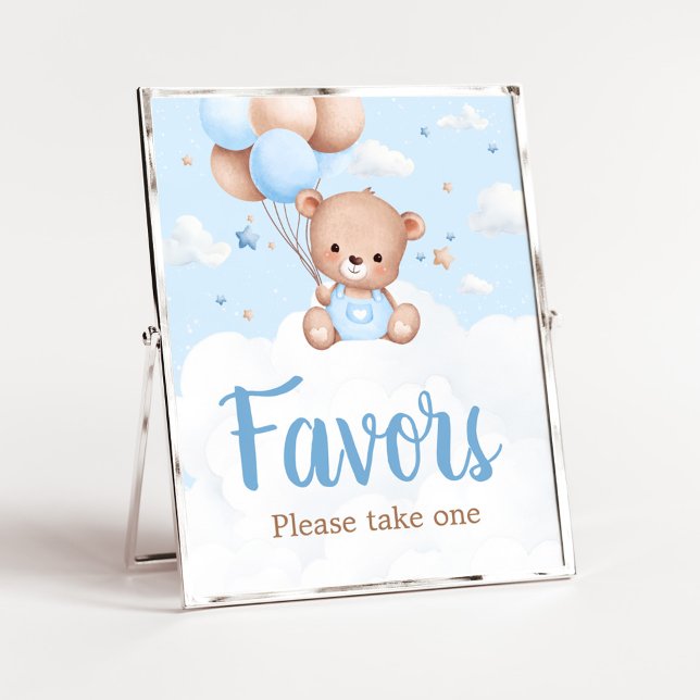 Affiche Panneau Baby shower bleu Teddy Bear Favors (Blue Boy Teddy Bear Clouds Balloon Baby Shower Sign)