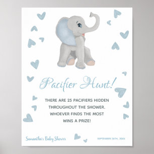 Affiche Panneau Baby shower Blue Elephant Pacifier Chasse