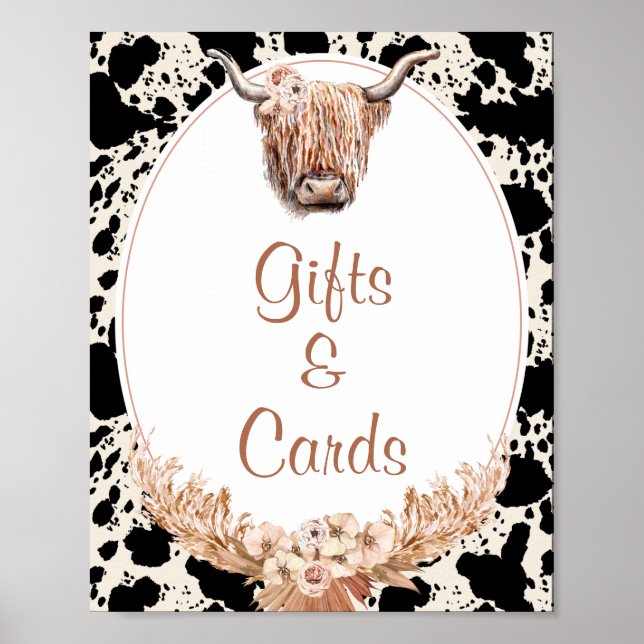 Affiche Panneau Baby shower Boho Floral Vache Cadeaux et C (Devant)