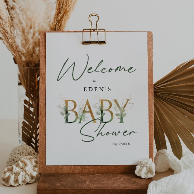 Affiche Panneau Baby shower de bienvenue verdoyant et or (Créateur téléchargé)