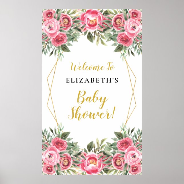Affiche Panneau Baby shower de cadre géométrique Fleurs ro (Devant)