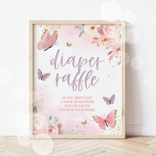 Affiche Panneau Baby shower de calèche papillon 11x14 (Diaper Raffle Butterfly Sign)