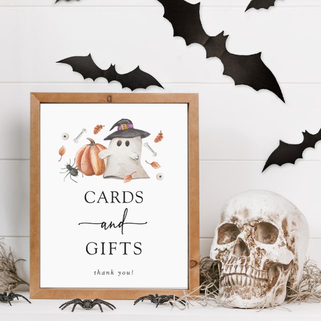 Affiche Panneau Baby shower des cartes et cadeaux d'Hallow (Halloween Cards and Gifts Sign A Little Boo Is Almost Due Baby Shower Fall Autumn Orange Pumpkins)