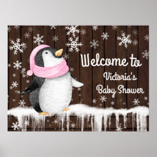 Affiche Panneau Baby shower d'hiver Penquin Snowflake