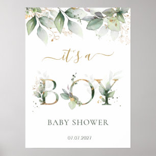 Affiche Panneau Baby shower du Garçon de Foliage d'or vert