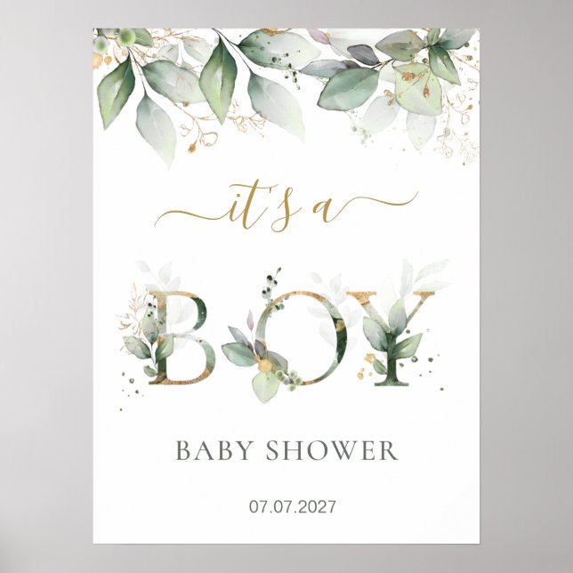 Affiche Panneau Baby shower du Garçon de Foliage d'or vert (Devant)
