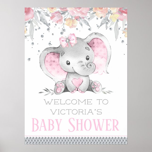 Affiche Panneau Baby shower Eléphant fille (Devant)