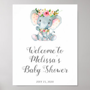 Affiche Panneau Baby shower Eléphant Floral, Baby Girl Dou