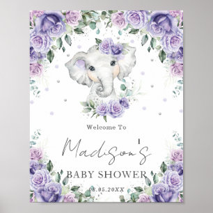 Affiche Panneau Baby shower Eléphant Lilac Floral Cute Vio
