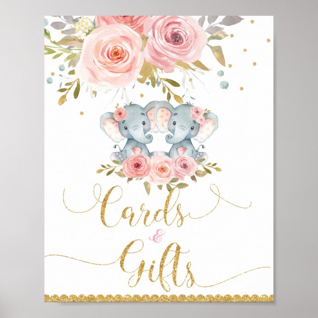 Affiche Panneau Baby shower Elephant Twin Girls Cartes & C (Devant)