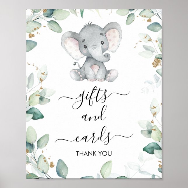 Affiche Panneau Baby shower Eléphant Vert Foliage (Devant)