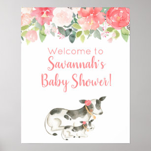 Affiche Panneau Baby shower fille vaches d'aquarelle flora
