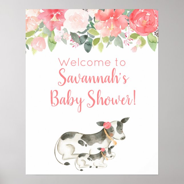 Affiche Panneau Baby shower fille vaches d'aquarelle flora (Devant)