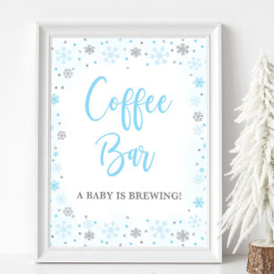 Affiche Panneau Baby shower Hiver Bleu et Argent Bar à caf
