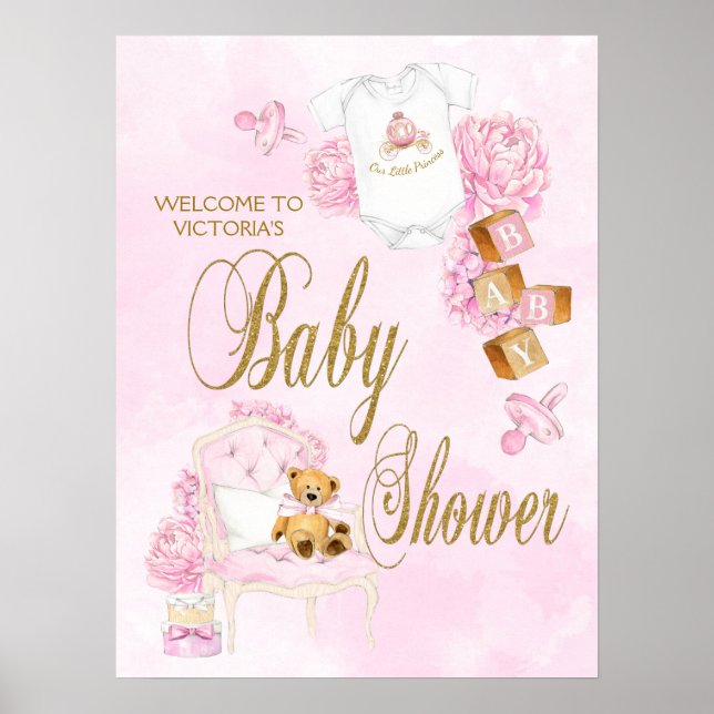 Affiche Panneau Baby shower or rose Aquarelle fille (Devant)