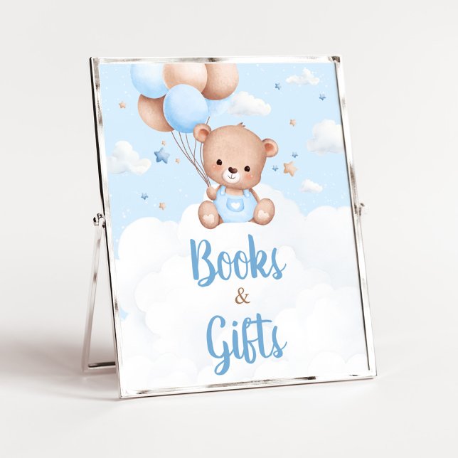 Affiche Panneau Baby shower Ours Bleu Teddy Livres et Cade (Blue Boy Teddy Bear Clouds Balloon Baby Shower Sign)
