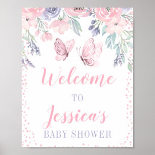 Affiche Panneau Baby shower papillon rose pourpre