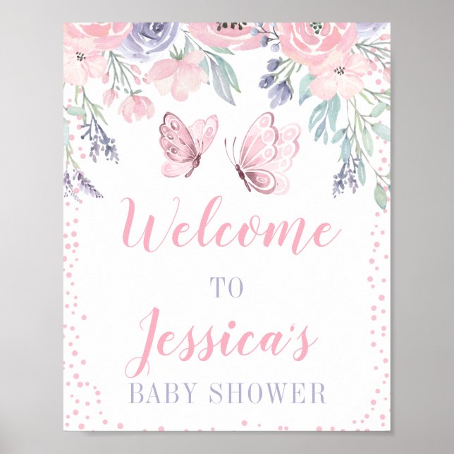 Affiche Panneau Baby shower papillon rose pourpre (Devant)